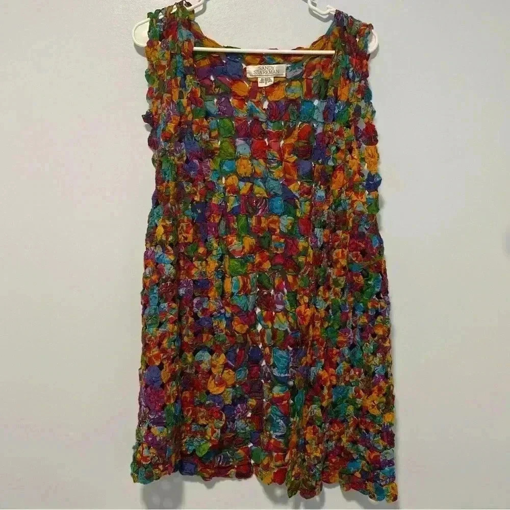 VTG Sandy Starkman Yoyo Quilt Vest Small S Rainbow‎ Rosettes Boho Art Patchwork